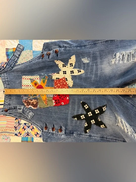 Sedona Artist OOAK Patchwork Denim Overalls girlhood floral Star Appliqués L - Picture 6 of 8